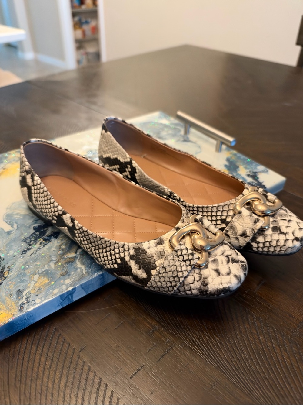 AEROSOLES Black & White Snake-Print Loafers with Gold Hardware